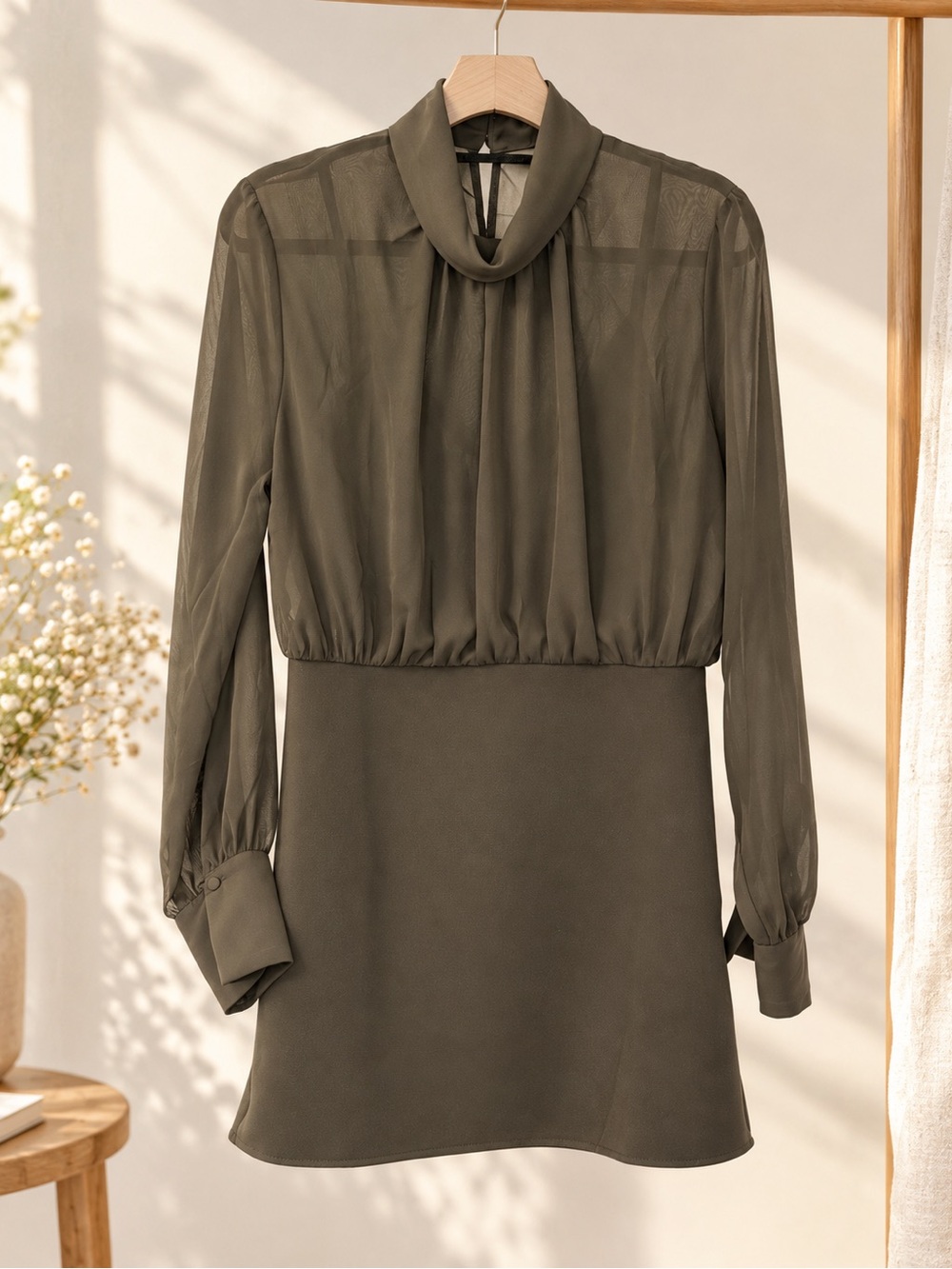 H&M Black Sheer Long Sleeve Mock Neck Mini Dress Medium Chic